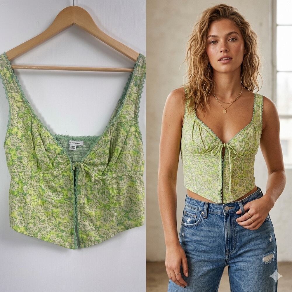 American Eagle Green Floral Smocked Tank Top Corset Style Size S Boho Festival